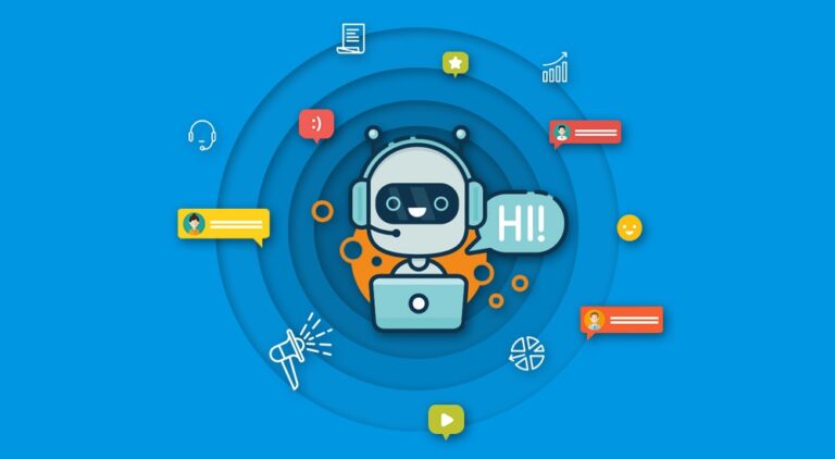 An image of a robot surrounded by icons on a blue background, representing the integration of chatbots in businesses to convert traffic into leads.