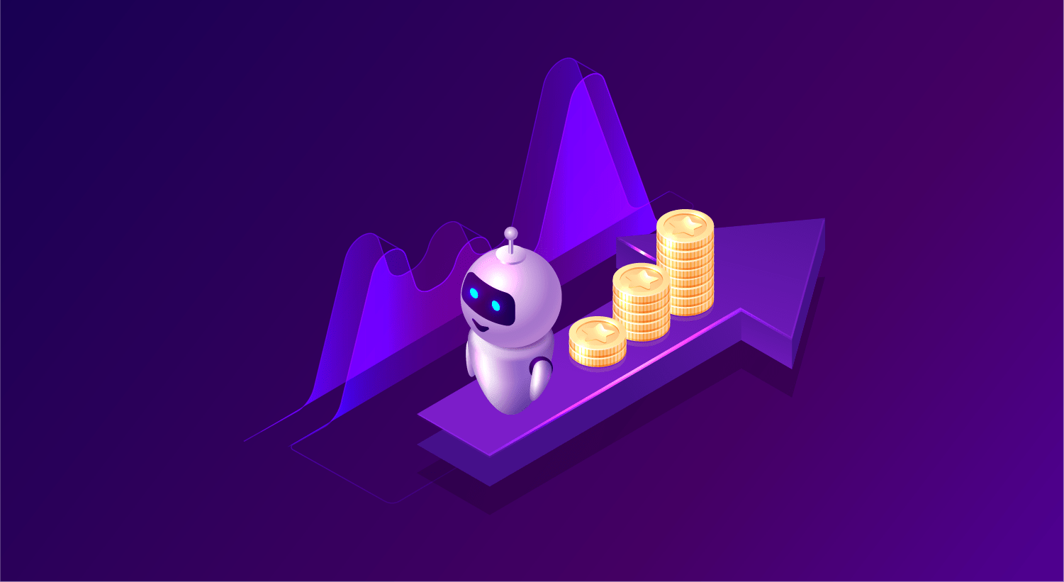 An isometric image of a robot with coins on a purple background, showcasing the fusion of AI and Chatbots through beyondchats.