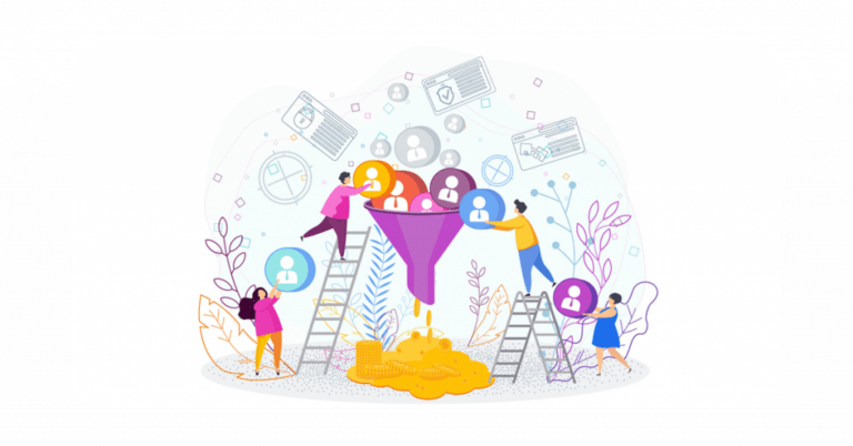 A cartoon illustration of a funnel with people working on it for Leads generations.