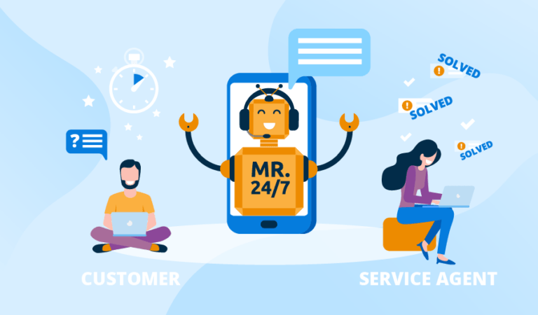An illustration depicting a customer service agent interacting with an advanced robo.