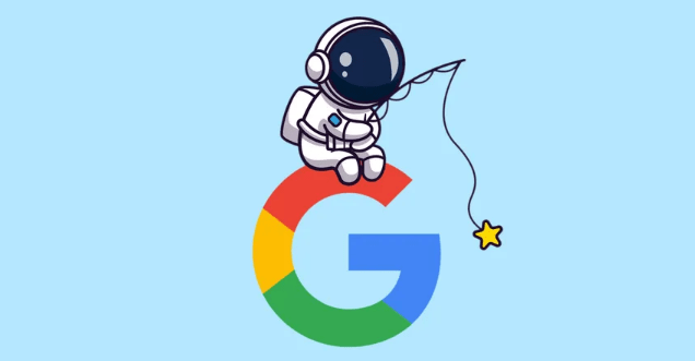 An illustration of a small astronaut sitting atop the large Google logo, holding a fishing rod with a star attached to the line. The background is light blue, giving a playful and whimsical feel, symbolizing exploration
