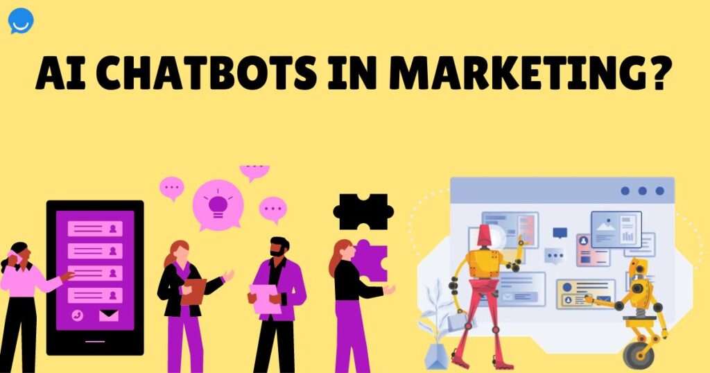  Illustration of humans and AI bots working on marketing projects. The text above says- “AI Chatbots for marketing