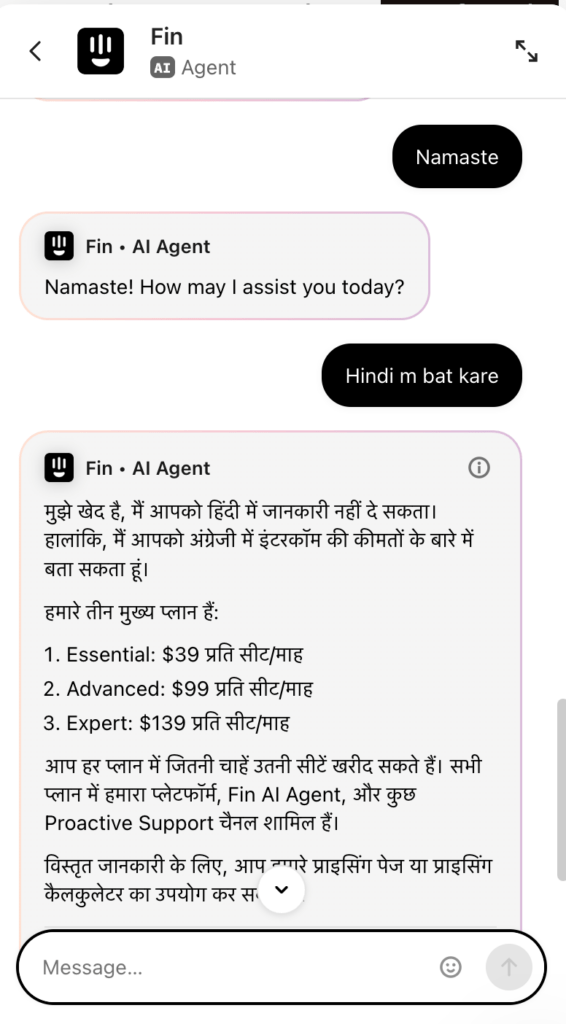 Intercom tried to understand hindi but gave wrong answer