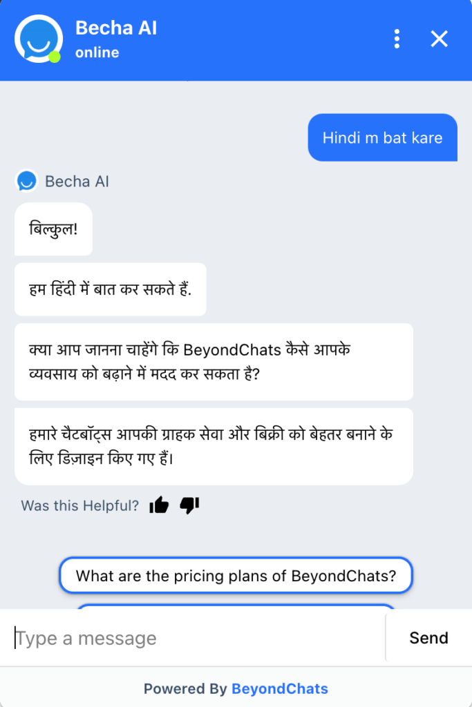 Beyondchats is the only chatbot that understood hindi and responded appropriately