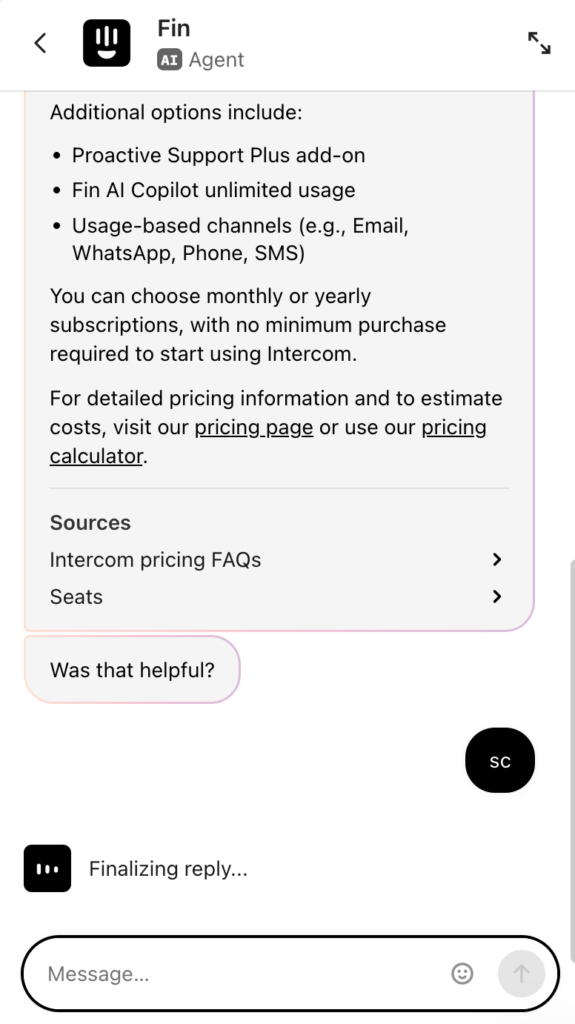 Intercom good response feedback