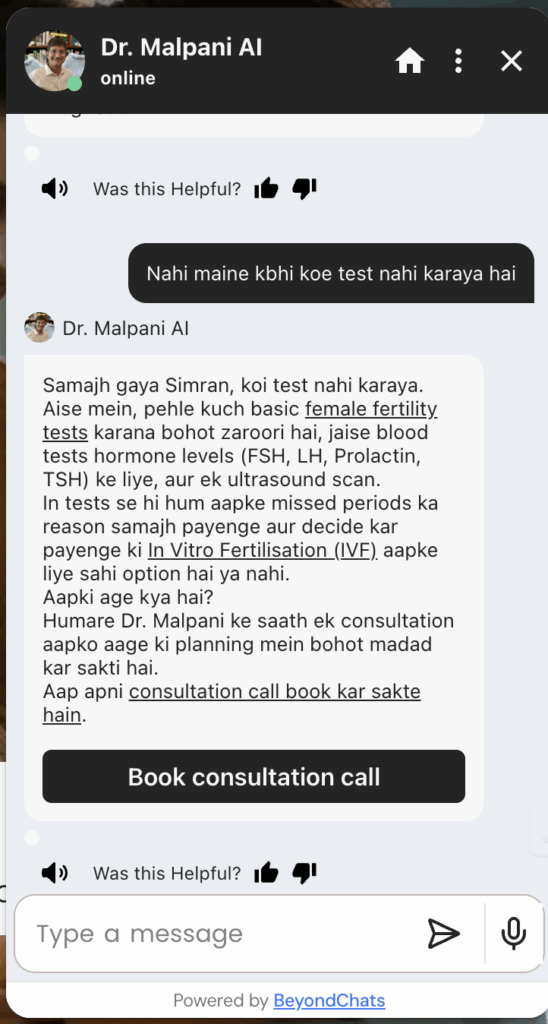 Why patient clarity matters in IVF consultations? 3 Beyondchats AI chatbot switching the language from English to Hindi in a natural conversation